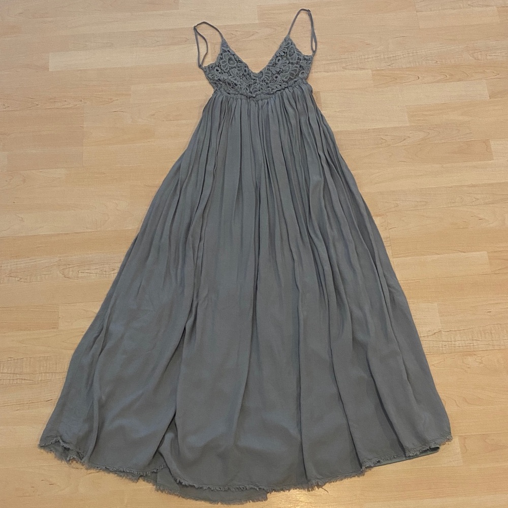 Fashion Nova Green/Gray Backless Crochet Bodice Maxi Dress XS Boho Flowy